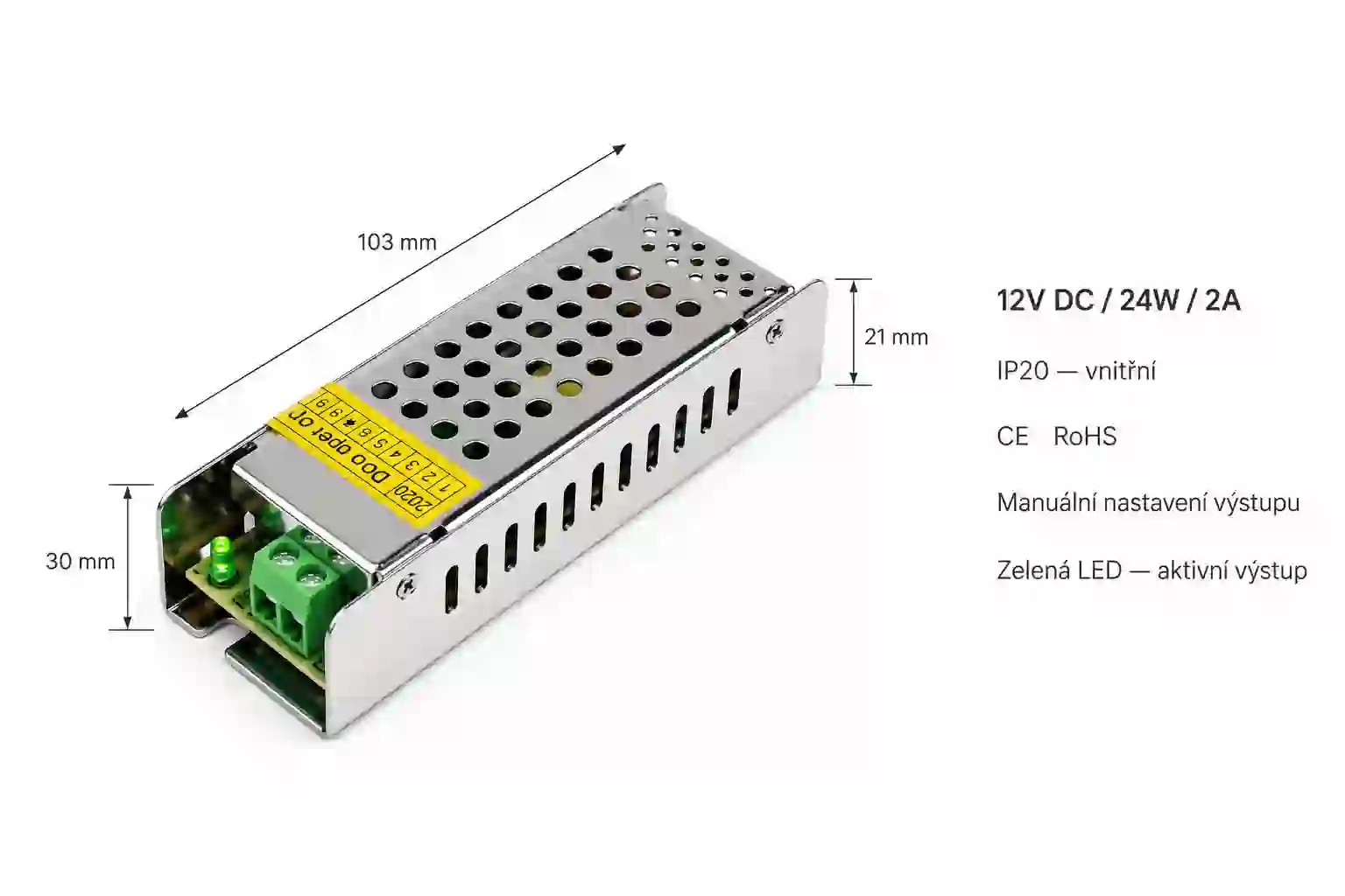 Rozměry LED napájecího zdroje 12V 24W SLIM 103x30x21mm - certifikace CE RoHS